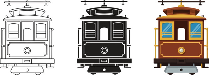 Collection of vintage cable car icons including line art silhouette and color vector illustrations for transportation concepts © Ahmad