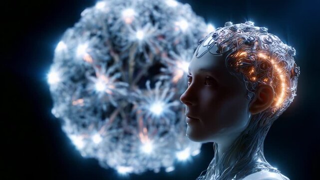 Intricate Fusion of Human and Technology: A Futuristic Portrait Illuminated by Bioluminescent Neural Networks and Cybernetic Innovations in a Mystical Glow
