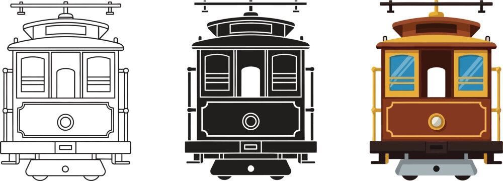Collection of vintage cable car icons including line art silhouette and color vector illustrations for transportation concepts
