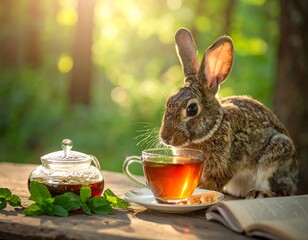 Rabbit enjoying tea outdoors; sunny setting