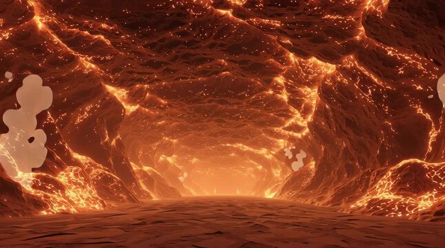 Glowing Lava Cave Tunnel Stock Video with Smoke Particles