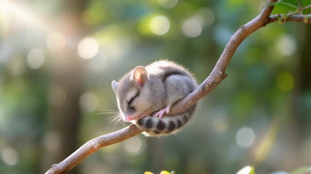 A small ringtail possum curled up on a thin tree branch in a forest, viewed from the side.