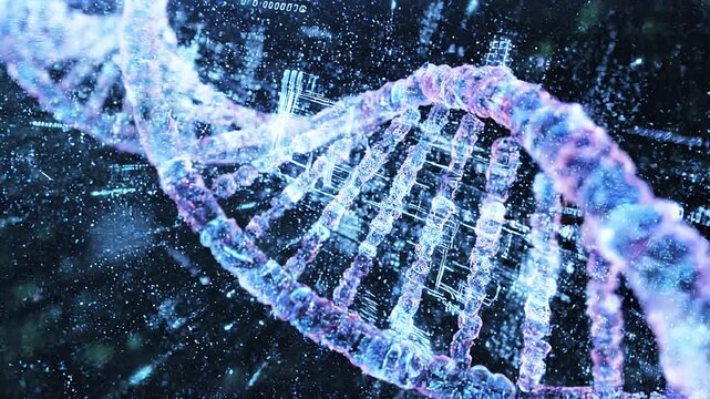 4K video of DNA double helix structure with binary code background