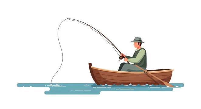 Side view vector illustration of a man in a vest and hat sitting in a wooden boat, holding a fishing rod with a bent line on the water.