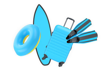 Set of surfboard, suitcase, flippers and inflatable ring isolated on white background. Concept of beach vacation essentials © Vasyl Onyskiv