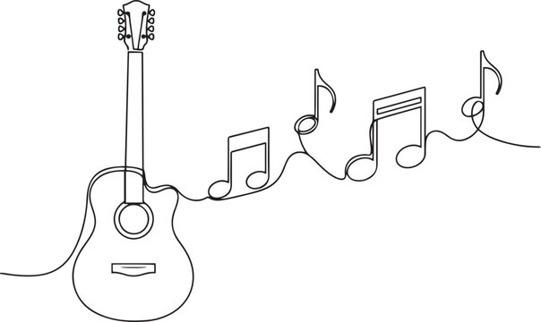 Single line of an acoustic guitar with musical notes flowing from it single line continuous line