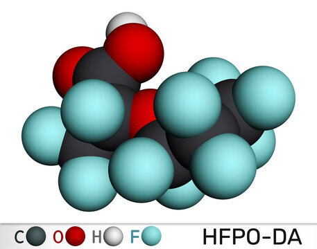 Hexafluoropropylene oxide dimer acid or HFPO-DA molecule. PFAS environmental pollution and water contamination. Molecular model. 3D rendering. Illustration