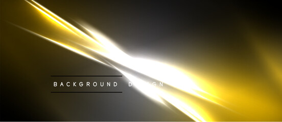 Naklejka premium Abstract golden light streaks cross dark space. Bright energy radiates from central point, creating dynamic visual effect.