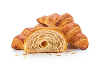 Delicious croissants freshly baked golden brown pastries for breakfast isolated on white background