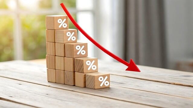 Decreasing Percentage Blocks on Wooden Table with Red Arrow