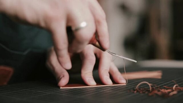 Close-up shot of skilled hands using a carving tool to meticulously cut and shape a piece of leather, showcasing artisanal craftsmanship.