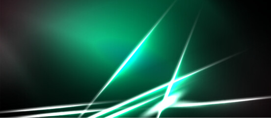 Naklejka premium Abstract background features vibrant green lines, glowing streaks. Dark shades dominate composition, creating dynamic visual effect.
