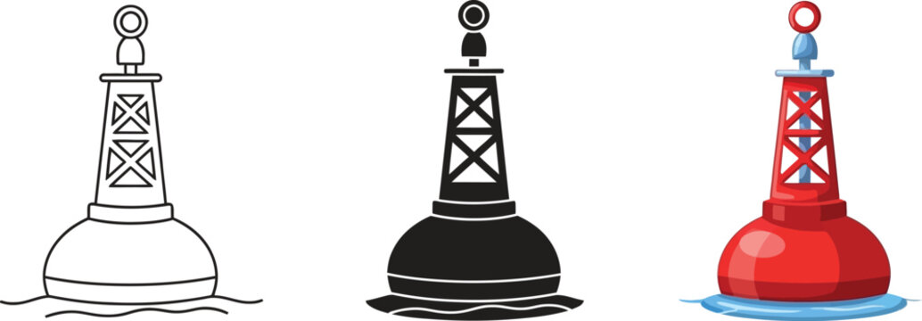 Set of navigation buoys including outline silhouette and colored vector illustrations for maritime and marine concepts