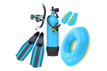 Scuba diving and beach gear set with flippers, snorkel, air tank, flip-flops, and float ring isolated on white background © Vasyl Onyskiv