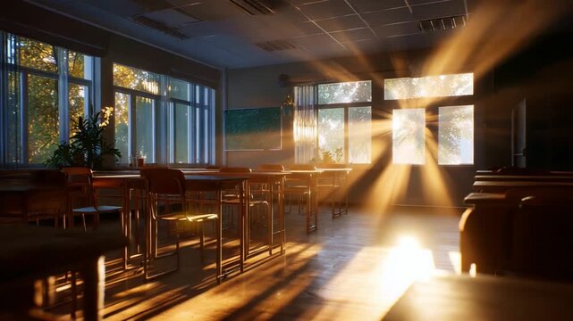A Tranquil Classroom Bathed in Warm Morning Light, Capturing the Serenity and Beauty of an Educational Environment with Sun Rays Streaming Through the Windows