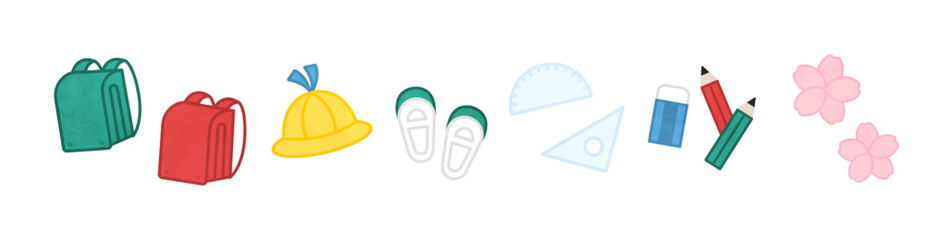 ターコイズブルーとルビーレッドの多様性に富んだランドセル、ミモザイエローの通学帽、サクラピンクの花びらが並ぶ、水彩テクスチャの温かい手描きラインイラスト素材