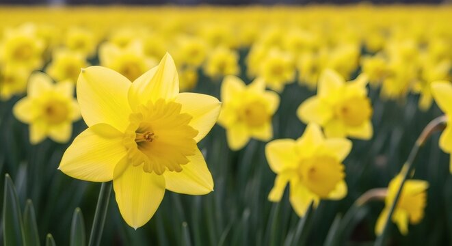 Bright yellow daffodils blooming in spring field with sunlight and fresh green leaves background perfect for Daffodil Day