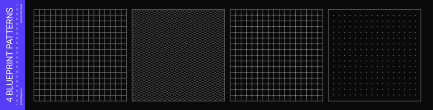 Black grid paper sheet set. Minimal template collection with different patterns. Blueprint bg.