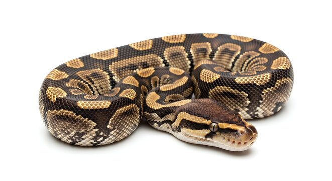 Ball Python Coiled on White Background Closeup View.