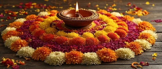 Colorful diwali rangoli with lit diyas. Indian culture
