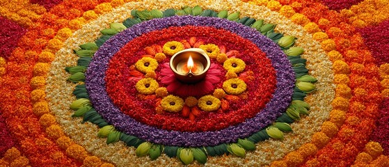 Colorful diwali rangoli with lit diyas. Indian culture