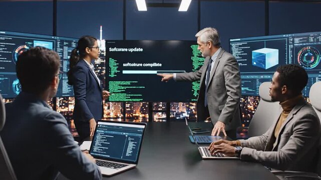 Corporate professionals discussing artificial intelligence machine learning strategy during nocturnal business meeting with data analytics planning and creative brainstorming at office workspace.