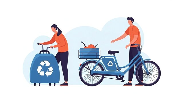 Sustainable Delivery Man and Woman with Recycling Bin and Cargo Bike.