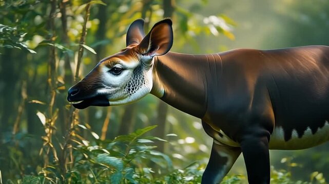 Okapi standing in forest, side view, surrounded by lush greenery and trees