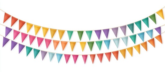 Obraz premium Multi colored festive party pennants hanging on strings over a white clean background