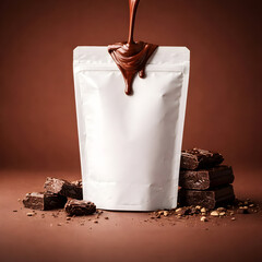 Blank White Stand-Up Pouch with Melted Chocolate Splash on Brown Background