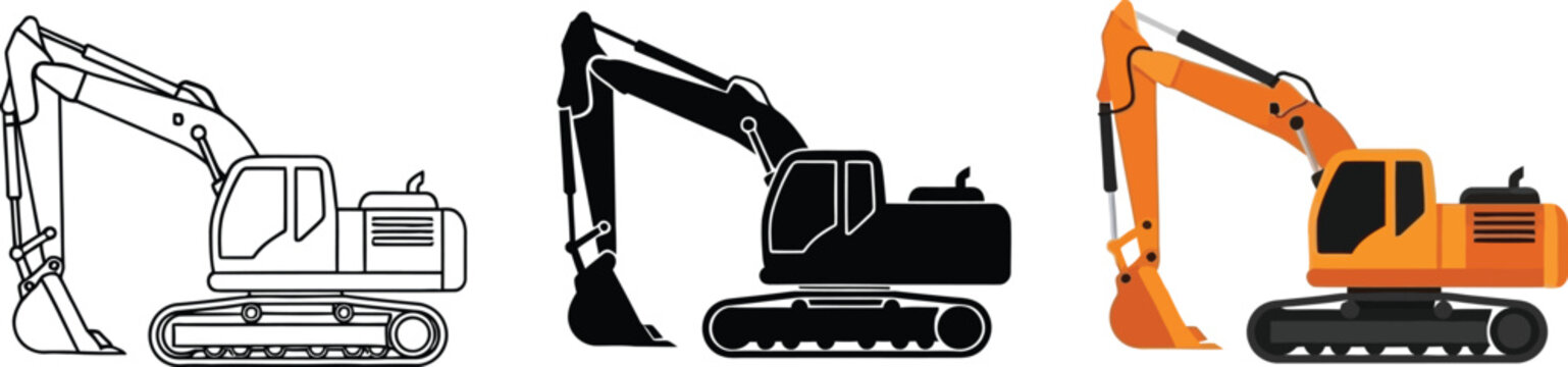 Set of excavator icons in outline silhouette and flat design styles representing construction machinery for industrial and building projects