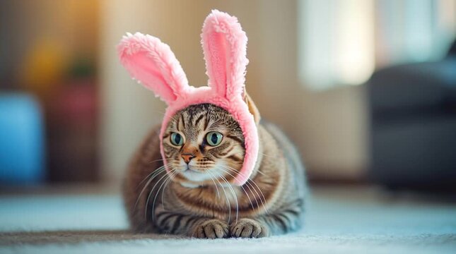 Funny tabby cat wearing pink Easter bunny ears headband sitting on a floor and looking curiously