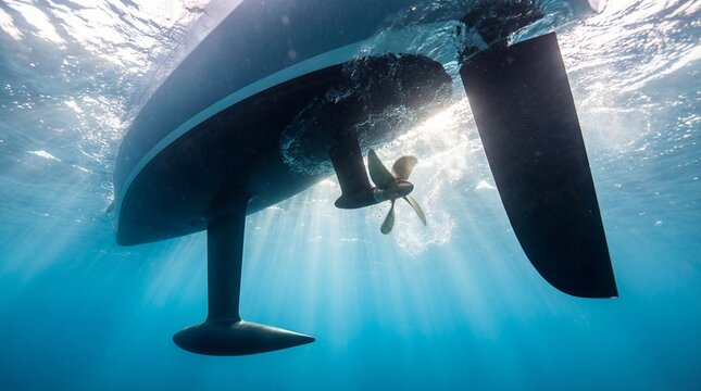 Underwater view of a hydrofoil boat with visible propeller and foils gliding through clear blue ocean water, sunlight filtering through the surface