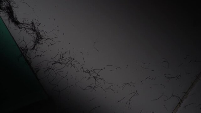 Close up of fallen hair on a white floor with dramatic lighting and shadows. Concept of hair loss, alopecia, chemotherapy side effects, male pattern baldness, and grooming hygiene.