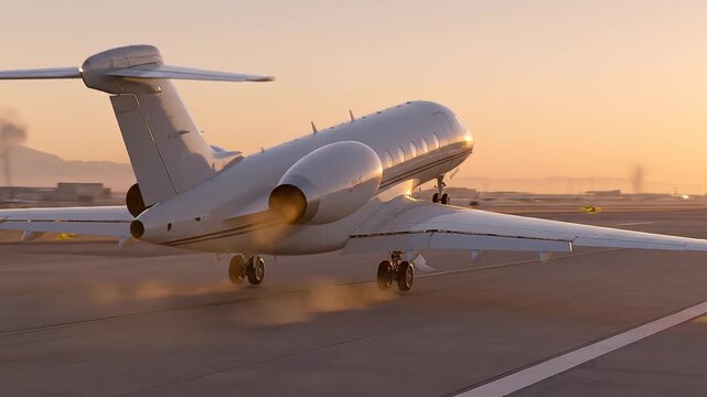 Private Jet Taking Off at Sunset from International Airport Runway