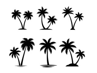 Set of six minimalist black silhouettes, featuring various tropical palm trees for summer and nature designs