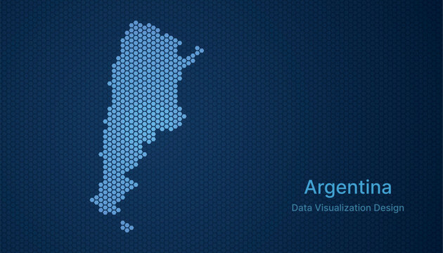 Argentina map in hexagon grid style, abstract blue data background design.