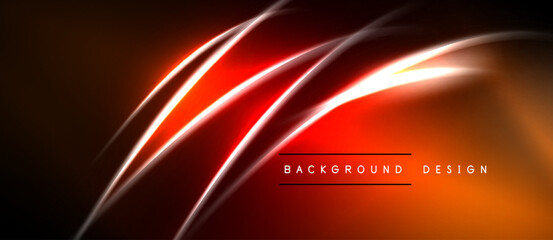 Abstract design features vibrant orange, red lines. Dynamic curves create modern visual impact. Dark background emphasizes glowing elements.