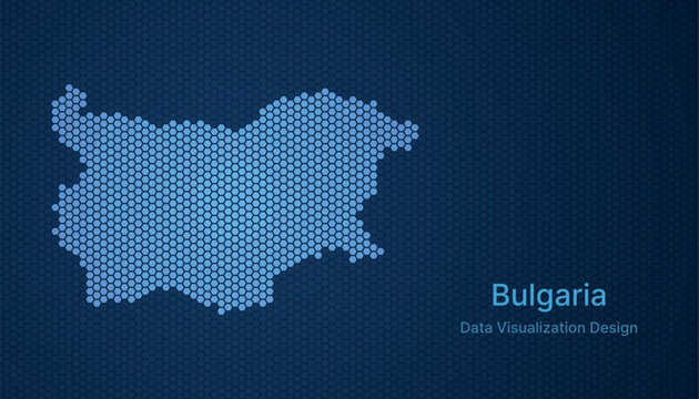 Bulgaria map in hexagon grid style, abstract blue data background design.