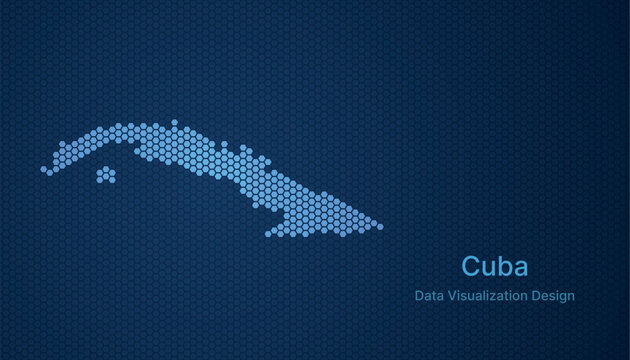 Cuba map in hexagon grid style, abstract blue data background design.