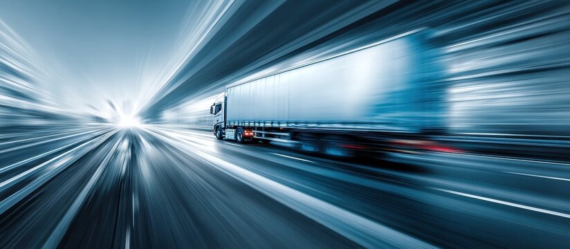 A large truck speeding down a highway with motion blur at night