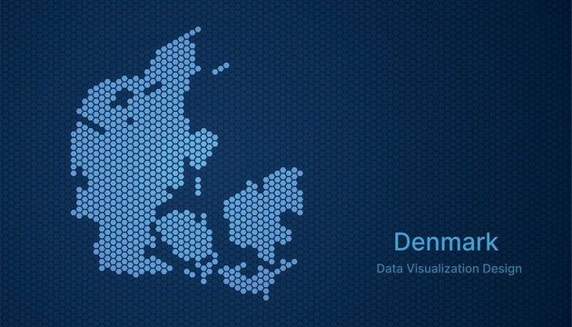 Denmark map in hexagon grid style, abstract blue data background design.