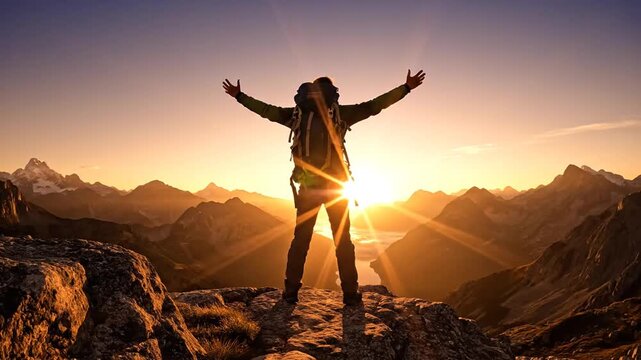 Silhouette of a lone male hiker standing on a jagged rock cliff mountain peak with a backpack while conquering an adventurous journey viewed from a dramatic low angle perspective.