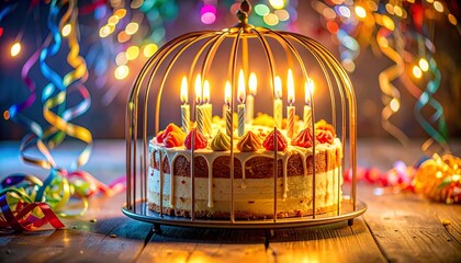 A whimsical birthday cake glowing inside a golden cage&hellip;