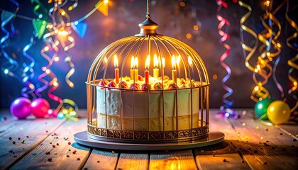 A whimsical birthday cake glowing inside a golden cage&hellip;