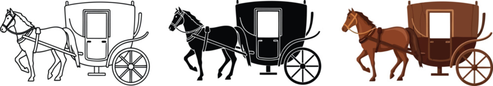 Collection of horse-drawn carriage illustrations including line art silhouette and realistic styles perfect for historical themes or vintage design elements