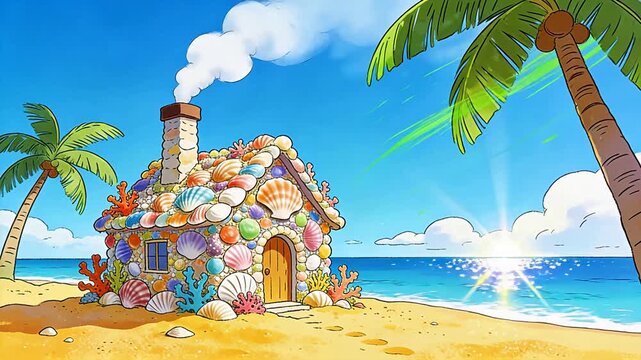 Seaside beach sand house with shell decoration palm tree and blue ocean