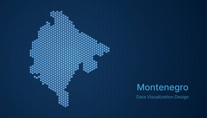 Montenegro map in hexagon grid style, abstract blue data background design.