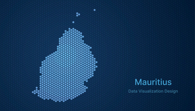 Mauritius map in hexagon grid style, abstract blue data background design.