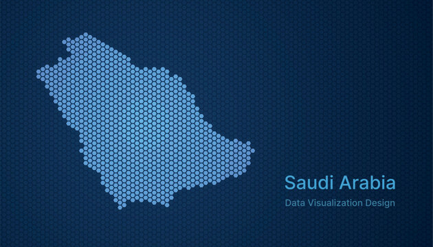 Saudi Arabia map in hexagon grid style, abstract blue data background design.